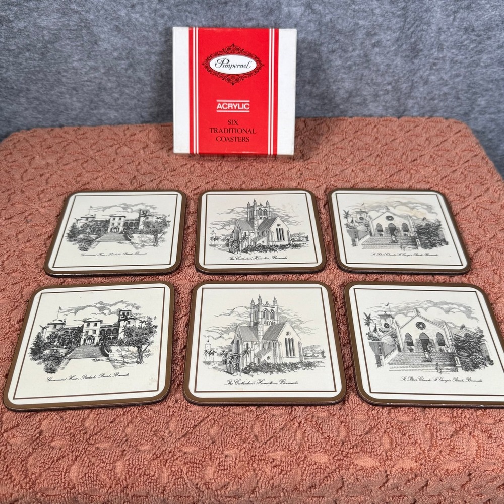 Pimpernel Coaster Set Bermuda Landmark Vintage Acrylic Black White Sketch 6pc
